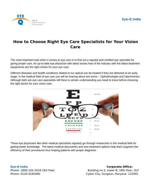 How to Choose Right Eye Care Specialists for Your Vision Care