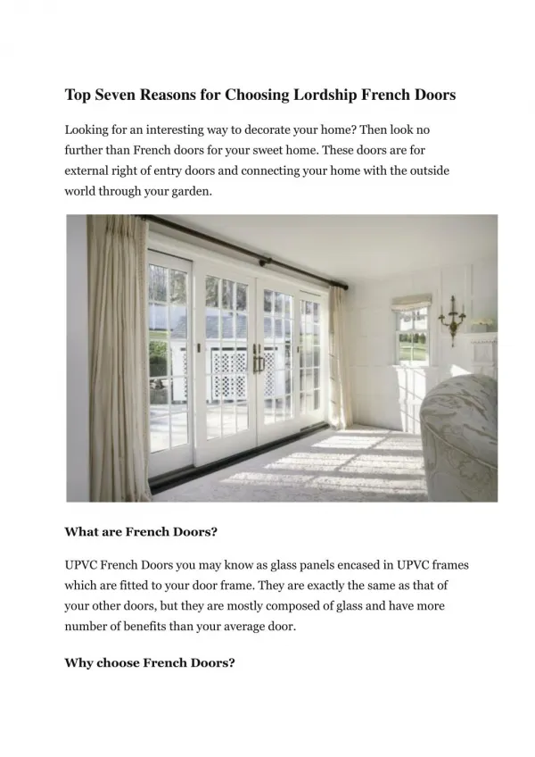 Top Seven Reasons for Choosing Lordship French Doors