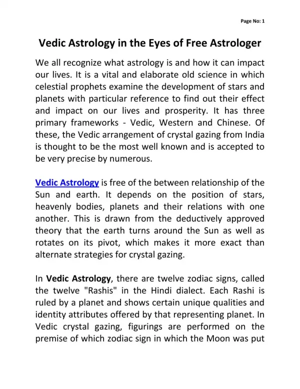 Vedic Astrology in the Eyes of Free Astrologer