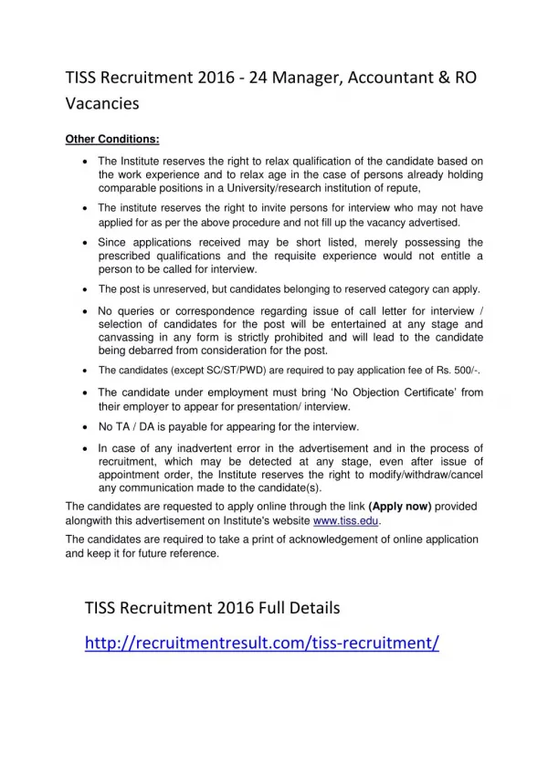 TISS Recruitment 2016 - 24 Manager, Accountant & RO Vacancies
