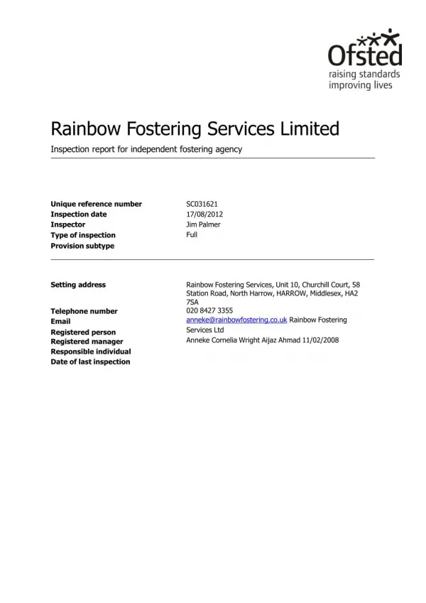 Ofsted Inspection Report - Rainbow Fostering Agency
