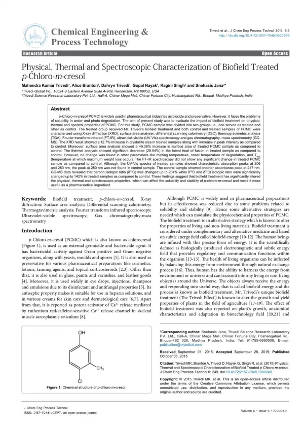 Biofield Energy Treatment | Tests on p-Chloro-m-Cresol