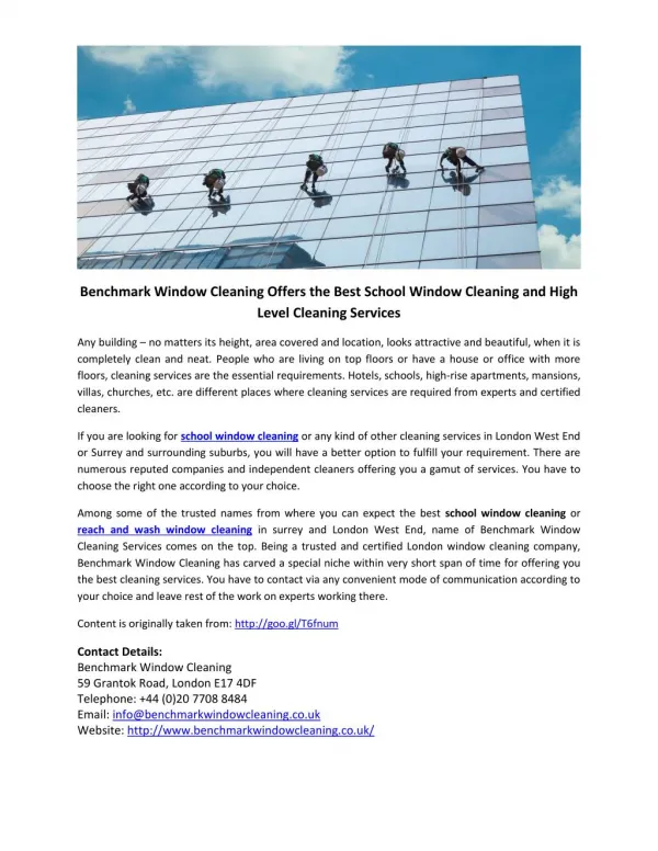 Benchmark Window Cleaning Offers the Best School Window Cleaning and High Level Cleaning Services