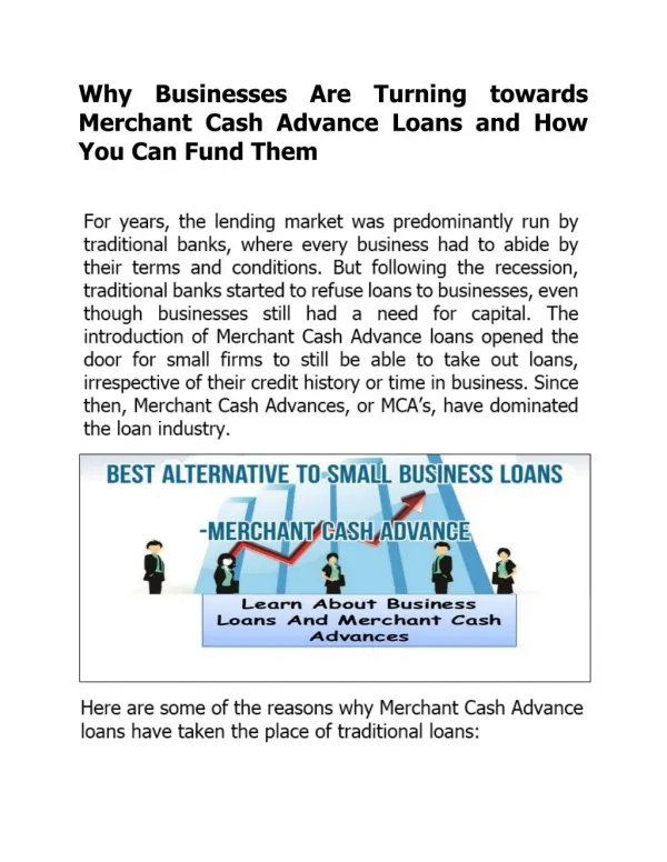 Why Businesses Are Turning towards Merchant Cash Advance Loans and How You Can Fund Them