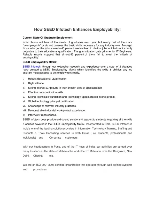 How SEED Infotech Enhances Employability!