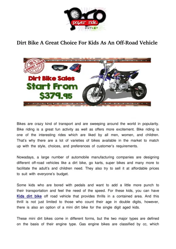 Dirt Bike A Great Choice For Kids As An Off-Road Vehicle
