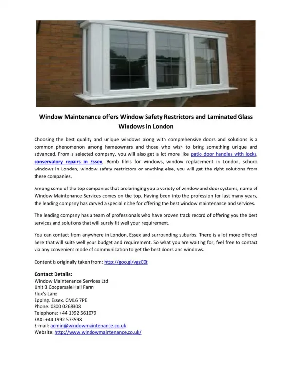 Window Maintenance offers Window Safety Restrictors and Laminated Glass Windows in London