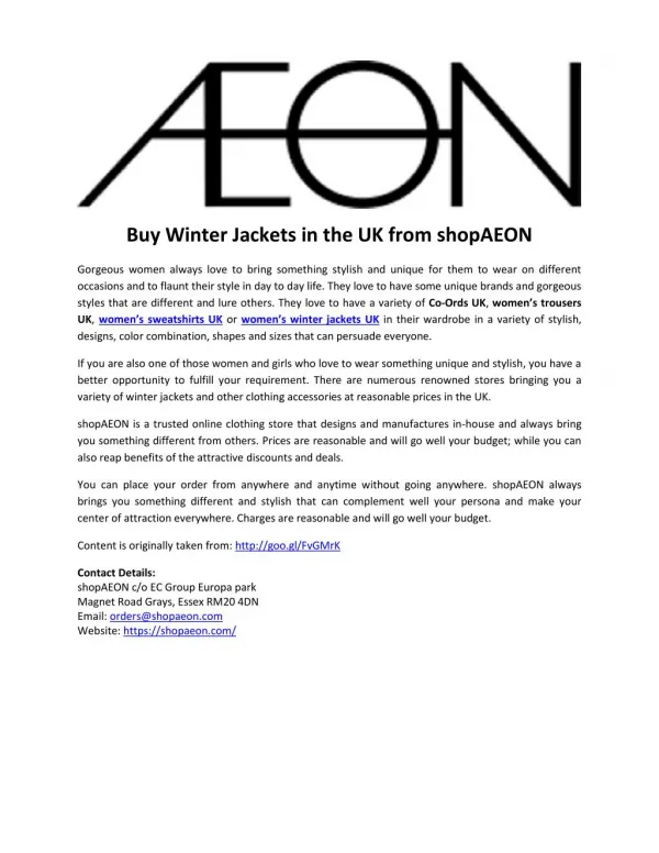 Buy Winter Jackets in the UK from shopAEON