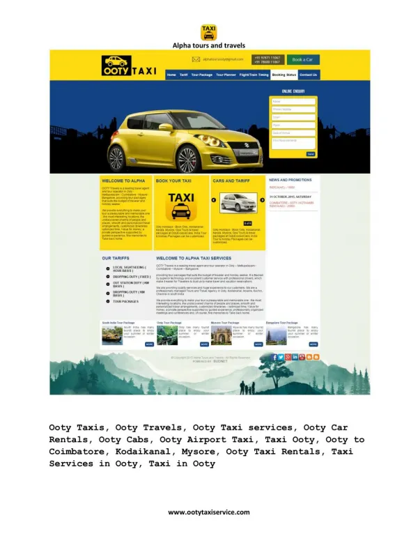 Ooty Taxi services, Ooty Taxi Booking, Taxi in Ooty