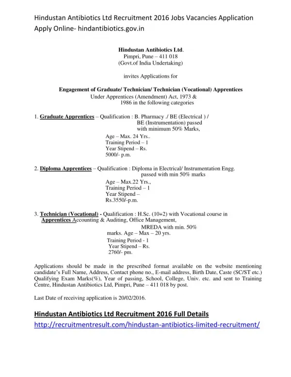 Hindustan Antibiotics Ltd Recruitment 2016 Jobs Vacancies Application Apply Online- Hindantibiotics.gov.In