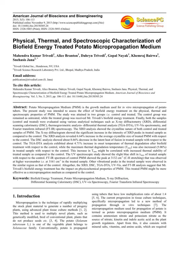 Biofield Treatment Impact on Potato Micropropagation Medium