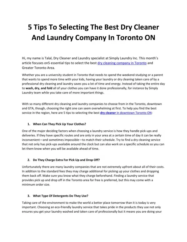 5 Tips To Selecting The Best Dry Cleaner And Laundry Company In Toronto ON