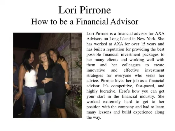 Lori Pirrone How to be a Financial Advisor