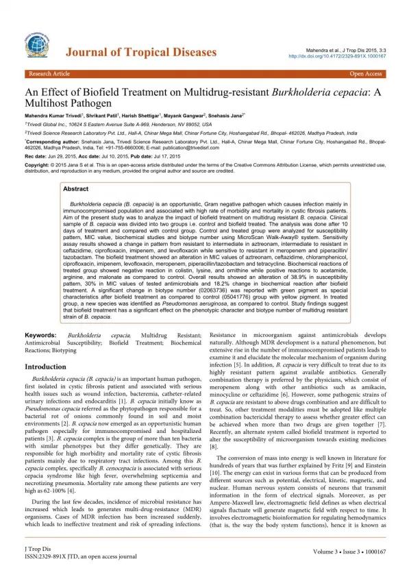 An Effect of Biofield Treatment on Multidrug-resistant Burkholderia cepacia: A Multihost Pathogen