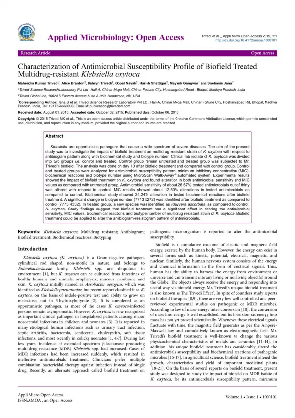 Characterization of Antimicrobial Susceptibility Profile of Biofield Treated Multidrug-resistant Klebsiella oxytoca