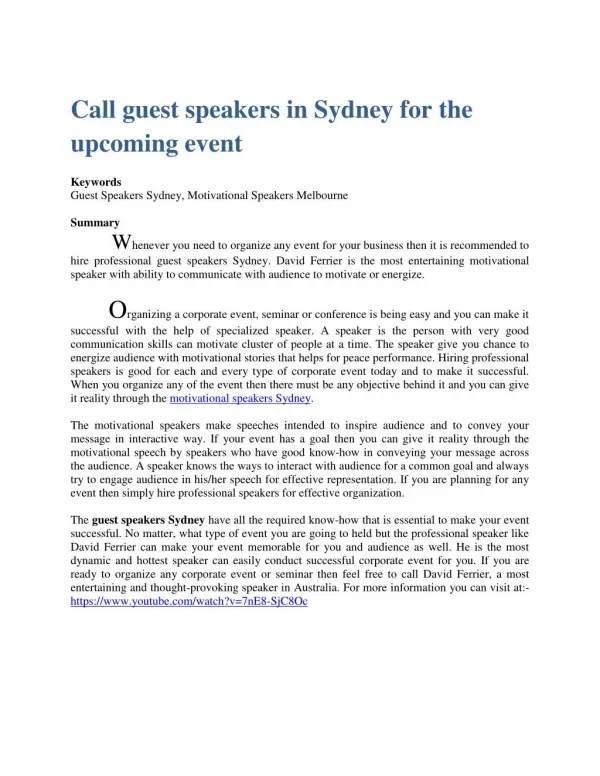 Call guest speakers in Sydney for the upcoming event