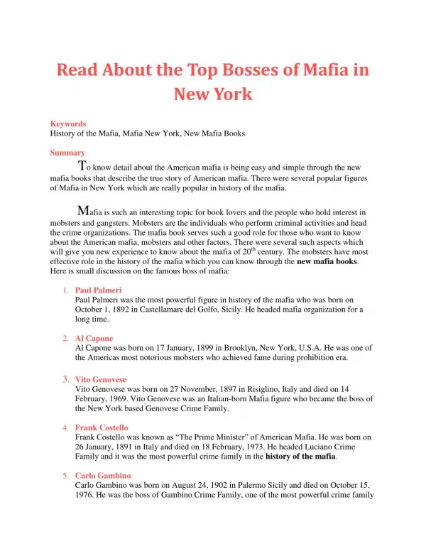 Read About the Top Bosses of Mafia in New York