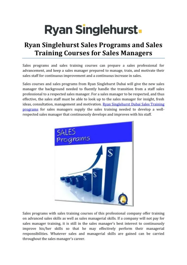 Ryan Singlehurst Sales Programs and Sales Training Courses