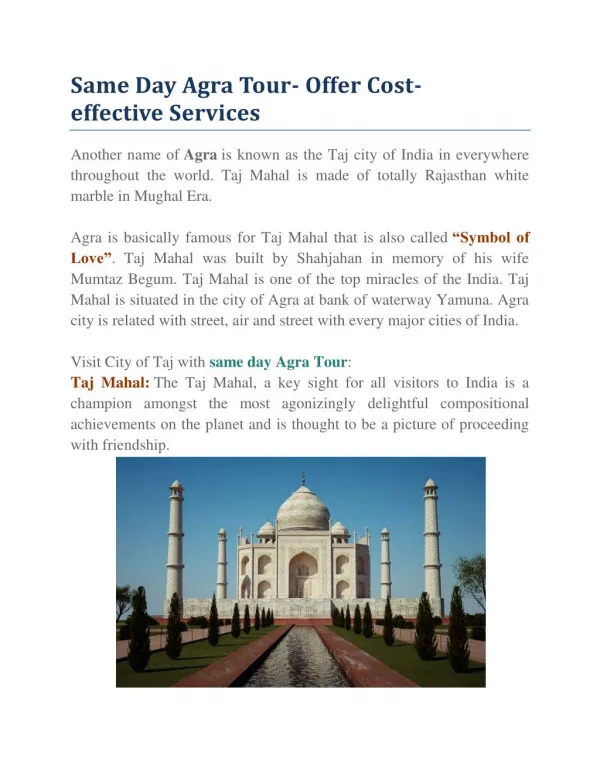 Same Day Agra Tour- Offer Cost-effective Services