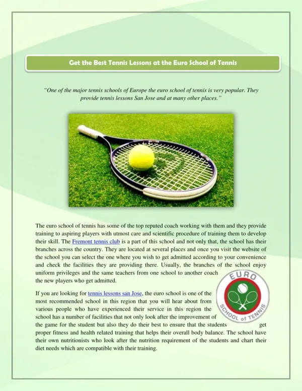 Get the Best Tennis Lessons at the Euro School of Tennis