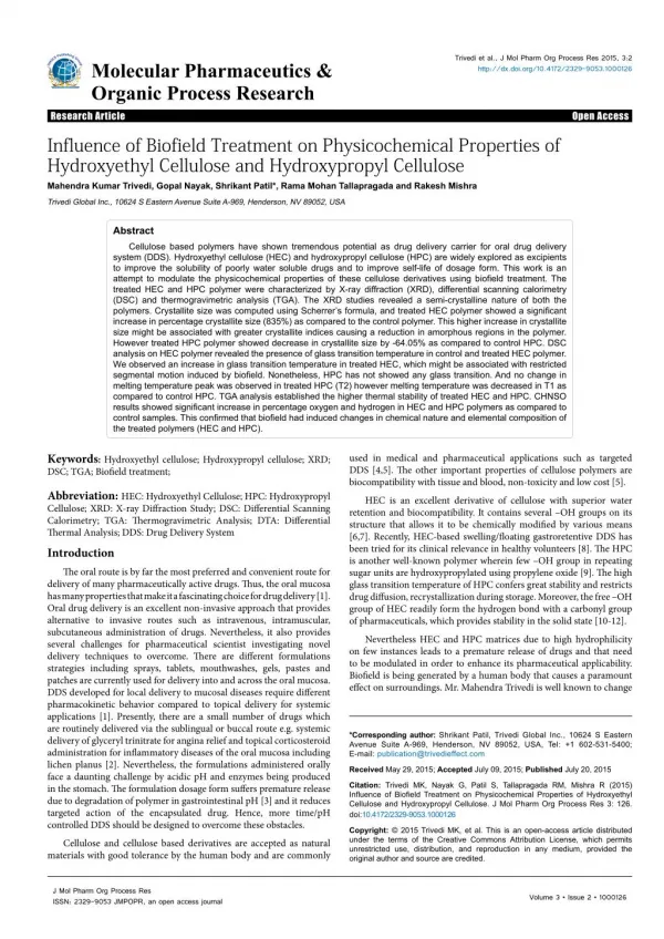 Hydroxypropyl Cellulose: Study of Biofield Impact