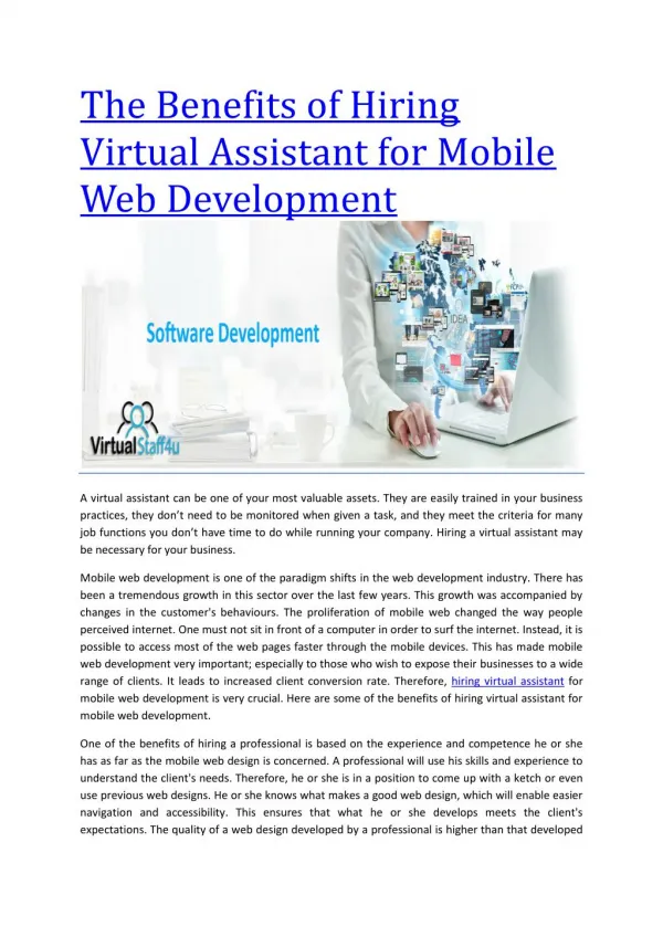 The Benefits of Hiring Virtual Assistant for Mobile Web Development