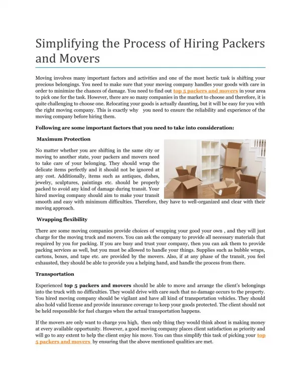 Simplifying the Process of Hiring Packers and Movers
