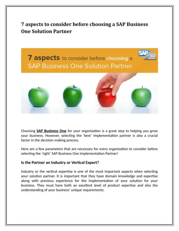 7 aspects to consider before choosing a SAP Business One Solution Partner