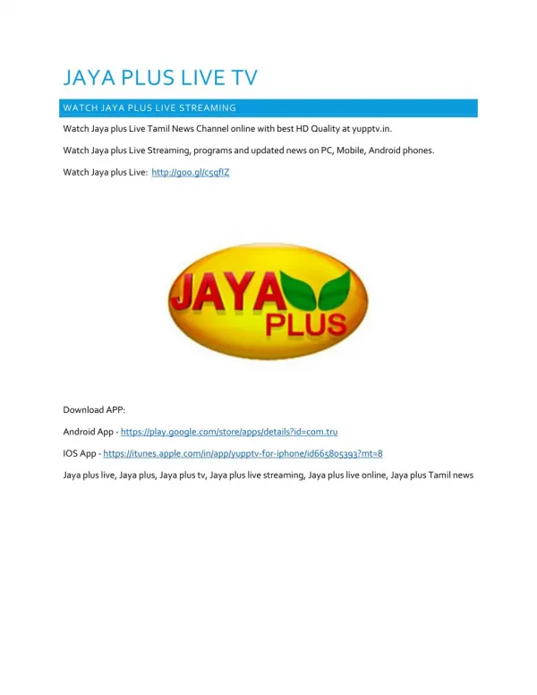 Jaya Plus Live | Watch Jaya Plus Live streaming Online