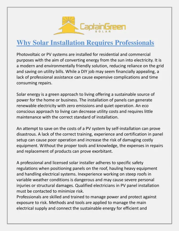 Why Solar Installation Requires Professionals