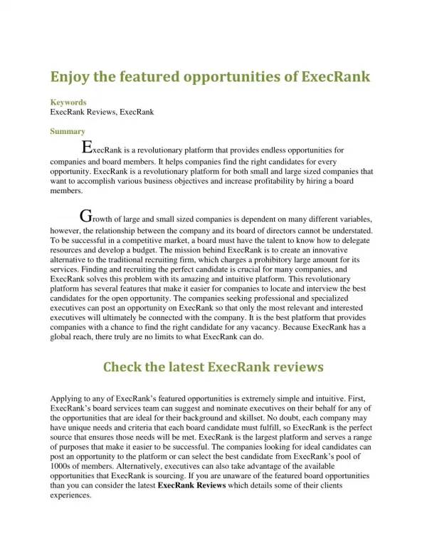 Enjoy the featured opportunities of ExecRank