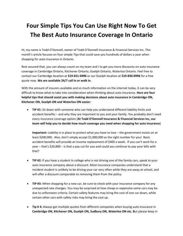Four Simple Tips You Can Use Right Now To Get The Best Auto Insurance Coverage In Ontario