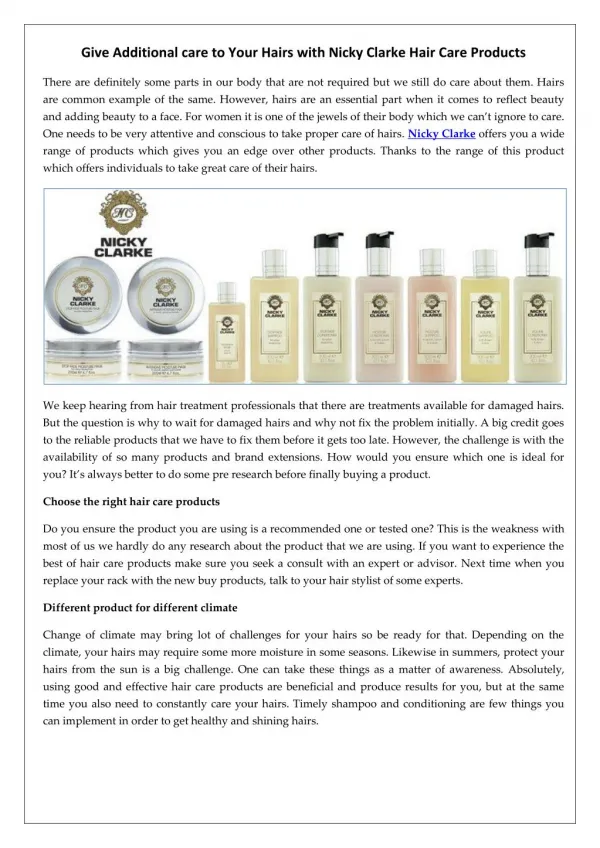 Give Additional care to Your Hairs with Nicky Clarke Hair Care Products