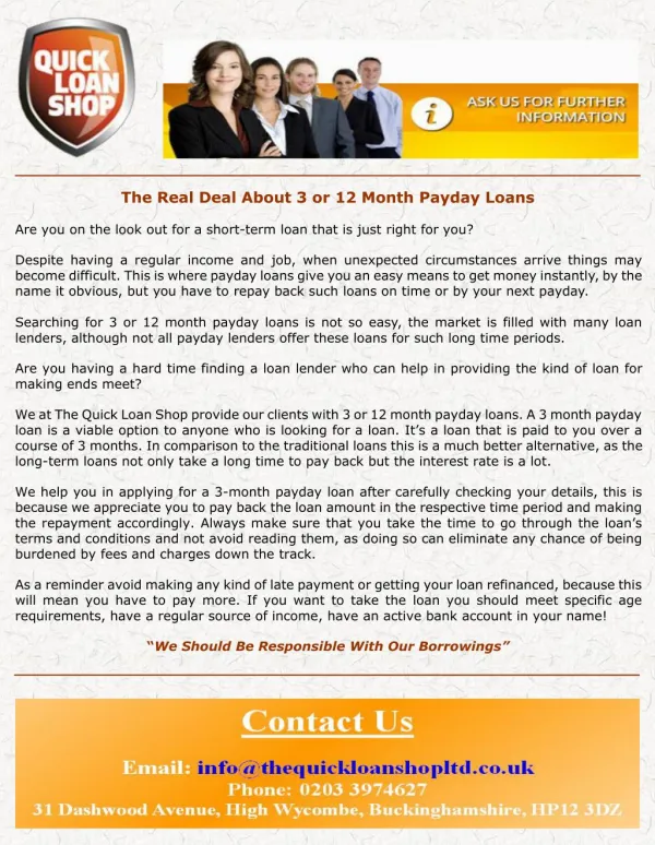 The real deal about 3 or 12 month payday loans