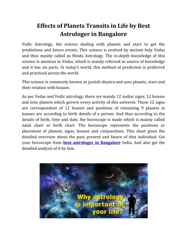Effects of Planets Transits in Life by Best Astrologer in Bangalore