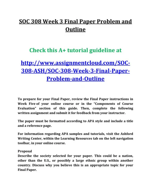 UOP SOC 308 Week 3 Final Paper Problem and Outline