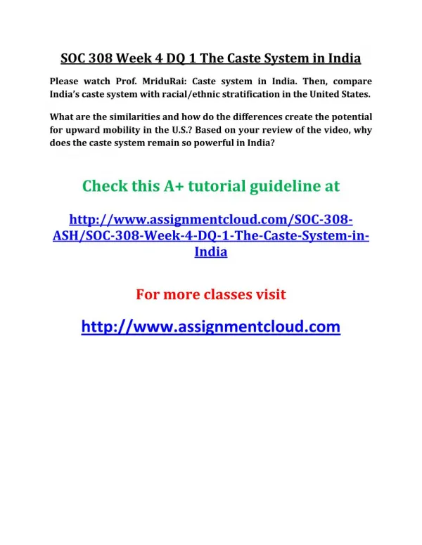 UOP SOC 308 Week 4 DQ 1 The Caste System in India