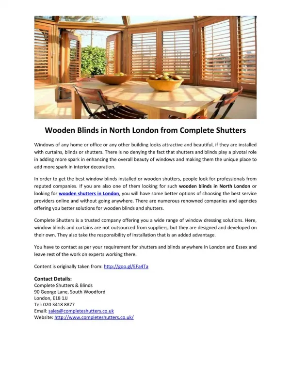 Wooden Blinds in North London from Complete Shutters