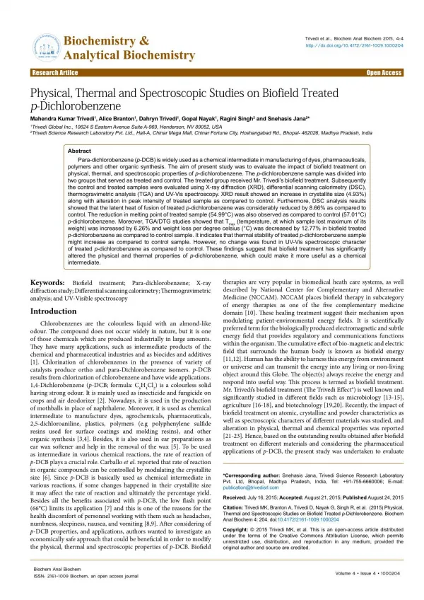 Spectroscopic Studies on Biofield Treated p-Dichlorobenzene