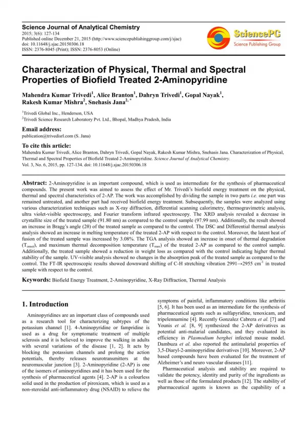 Biofield Treatment Impact on Properties of 2-Aminopyridine