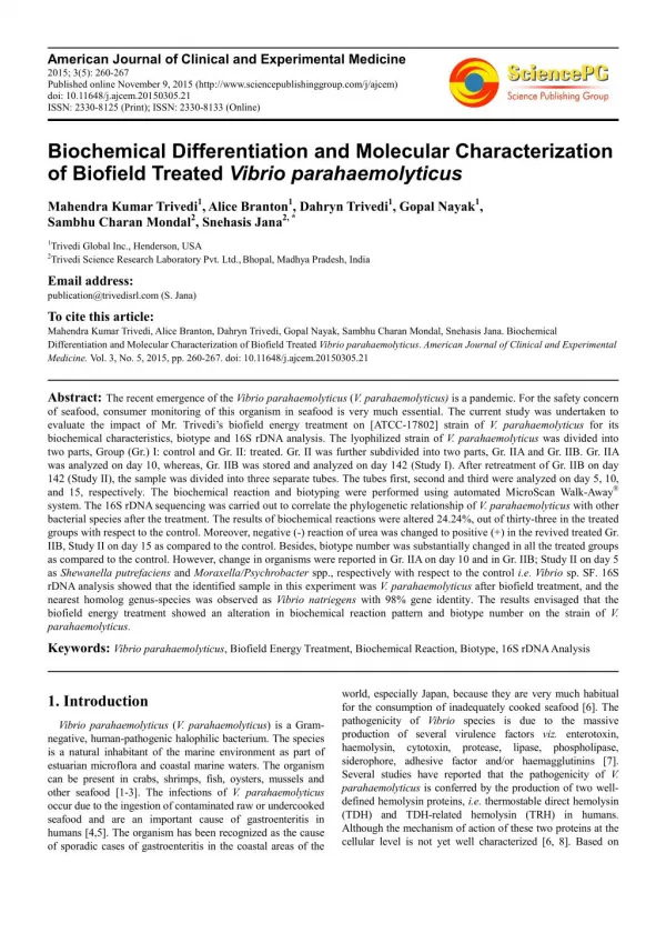 Biofield Energy Treatment Impact on Vibrio Parahaemolyticus