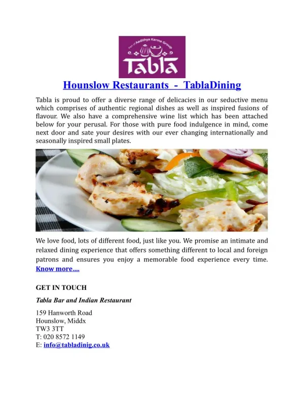 Hounslow Restaurants TablaDining