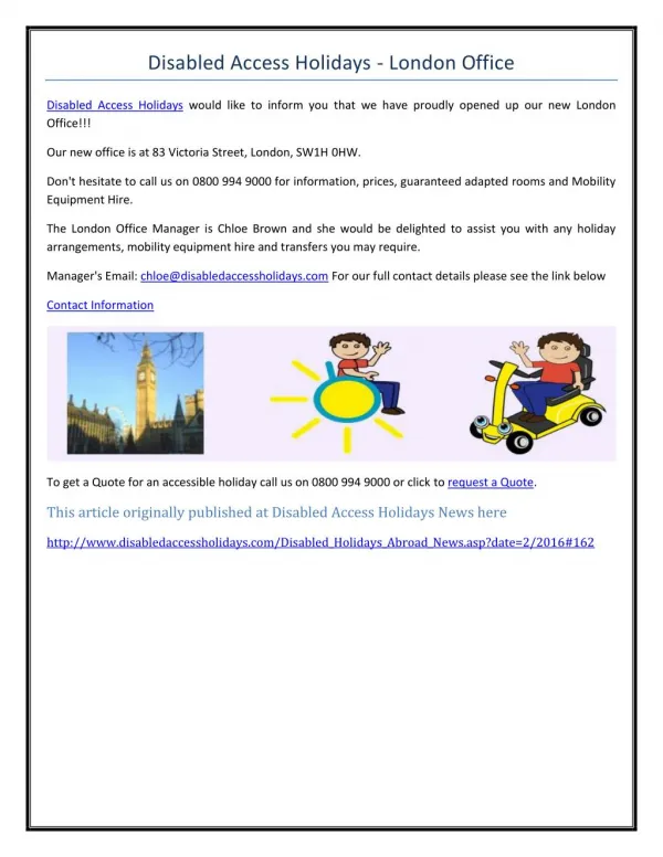 Disabled Access Holidays - London Office