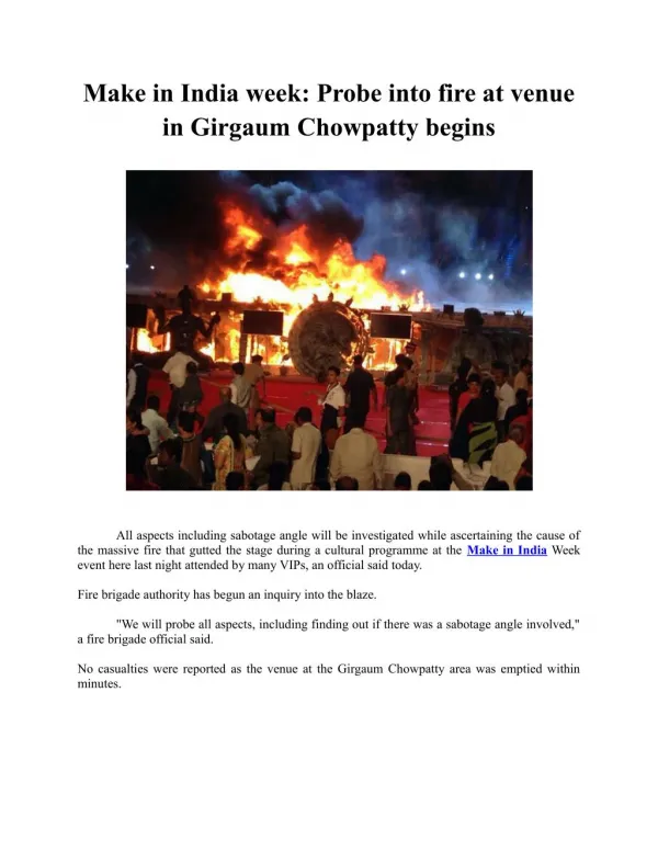 Make in India week: Probe into fire at venue in Girgaum Chowpatty begins