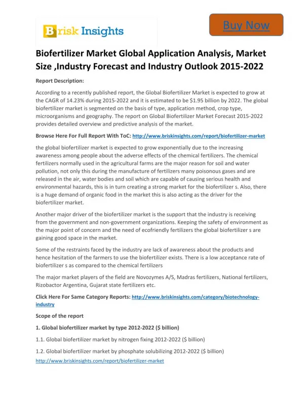Global Biofertilizer Market to 2022 - Industry Applications, Market Size, Segmentation, Compandy Share: Brisk Insights