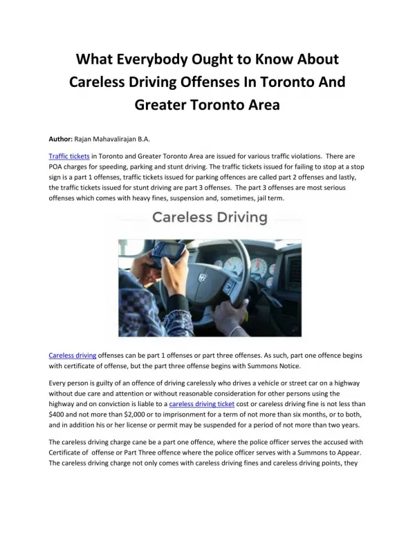 What Everybody Ought to Know About Careless Driving Offenses In Toronto And Greater Toronto Area