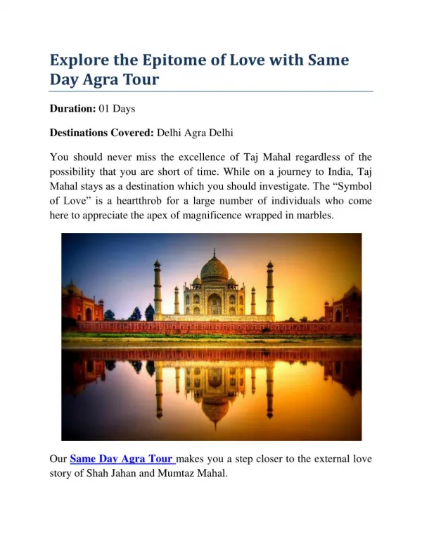 Explore the Epitome of Love with Same Day Agra Tour