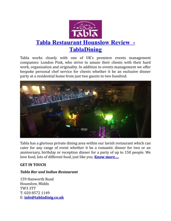 Tabla Restaurant Hounslow Review