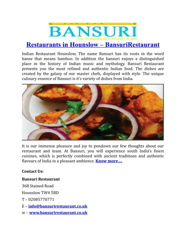 Restaurants in Hounslow BansuriRestaurant