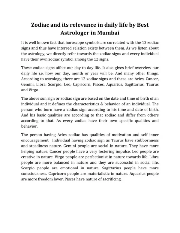 Zodiac and its relevance in daily life by Best Astrologer in Mumbai